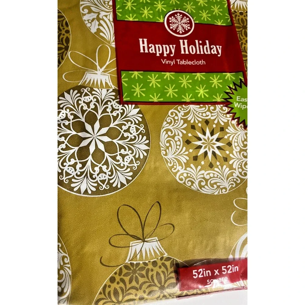 Christmas Ball Ornaments Gold Vinyl Tablecloth Flannel Backed Holiday 52x52